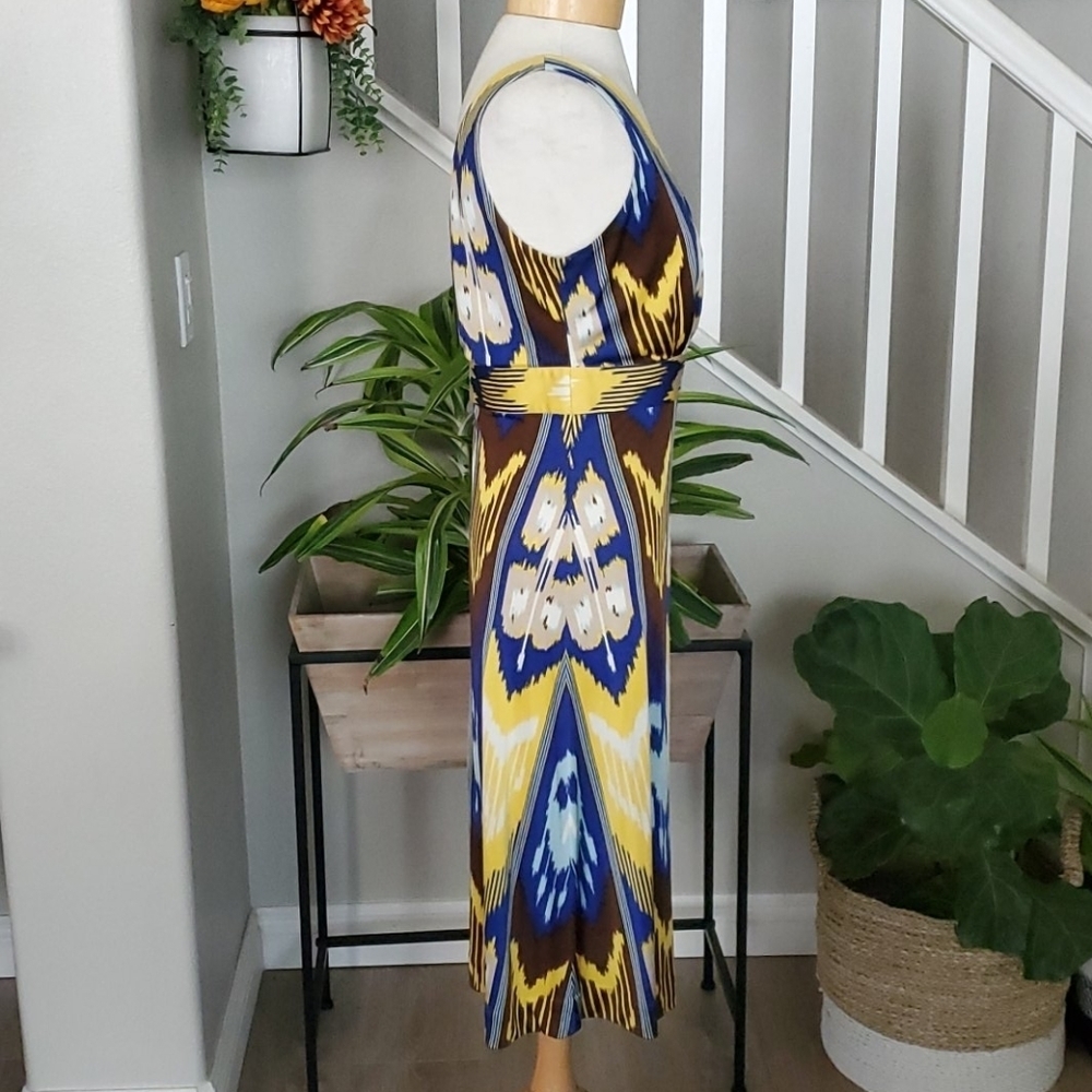 Tory Burch 100% Silk Ikat Resort Midi Dress Blue Yellow Small - Picture 4 of 10